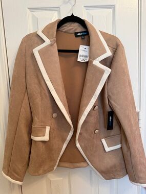 Aliee Blue Tan Suede Blazer with White Contrast Trim